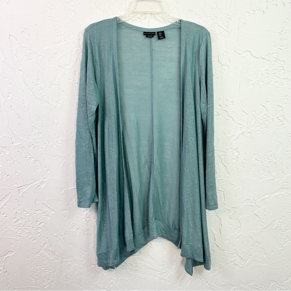 Tahari Blue Linen Open Front Asymmetrical Draped Cardigan Sweater Size Small